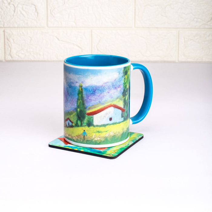 Ceramic Countryside Landscape Mug with Coaster - Blue