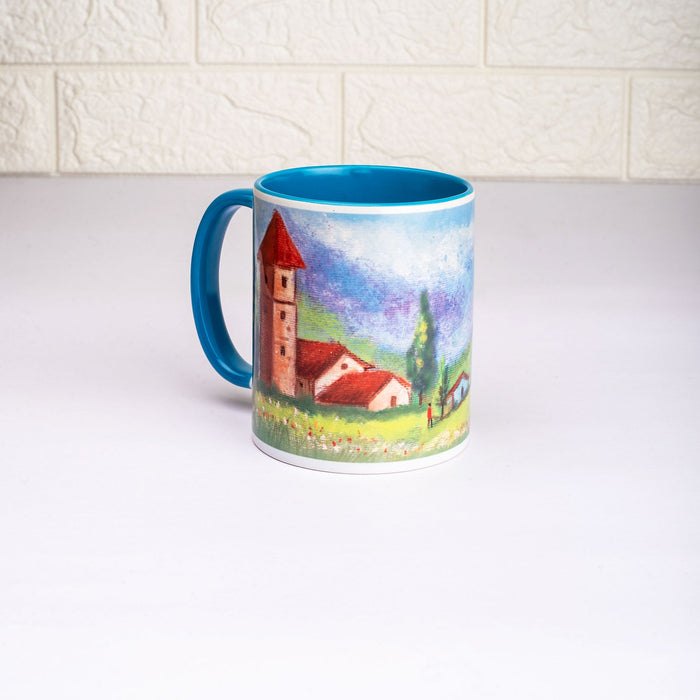 Ceramic Countryside Landscape Mug with Coaster - Blue