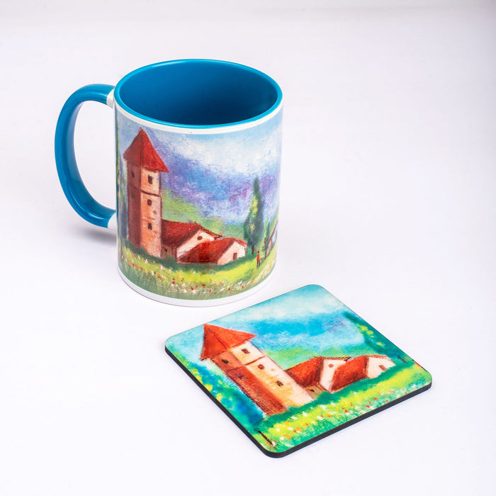 Ceramic Countryside Landscape Mug with Coaster - Blue