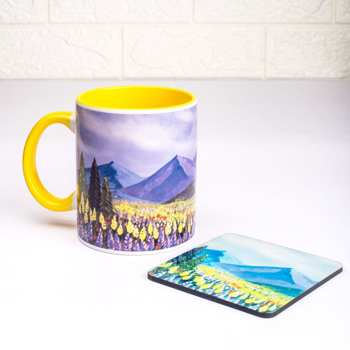 Ceramic Picturesque Landscape Mug with Coaster - Yellow