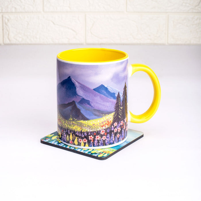 Ceramic Picturesque Landscape Mug with Coaster - Yellow