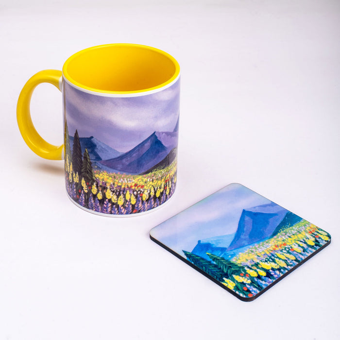 Ceramic Picturesque Landscape Mug with Coaster - Yellow