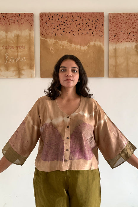 Bageeya “Akaar” Natural Dyed Handcrafted Handwoven Mashru Crop Shirt | Crafted with  Catechu and Khakhra leave infused with lac and detailed with Gold Zari cuff