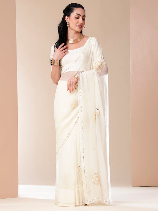 Snowflake Sparkle Chiffon Saree (Ivory Chiffon Saree with Handwork of Sequins)