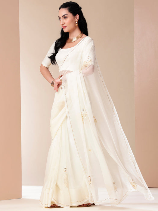 Snowflake Sparkle Chiffon Saree (Ivory Chiffon Saree with Handwork of Sequins)