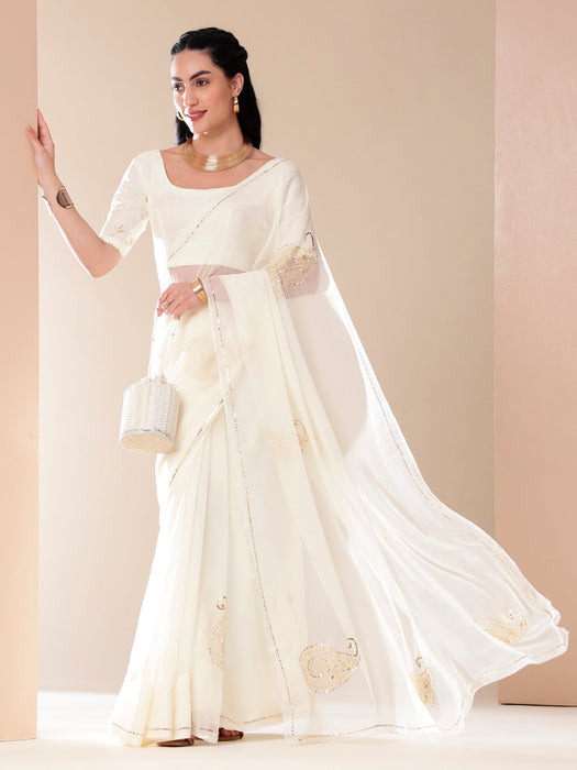 Snowflake Sparkle Chiffon Saree (Ivory Chiffon Saree with Handwork of Sequins)