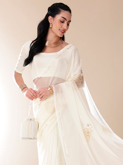 Snowflake Sparkle Chiffon Saree (Ivory Chiffon Saree with Handwork of Sequins)