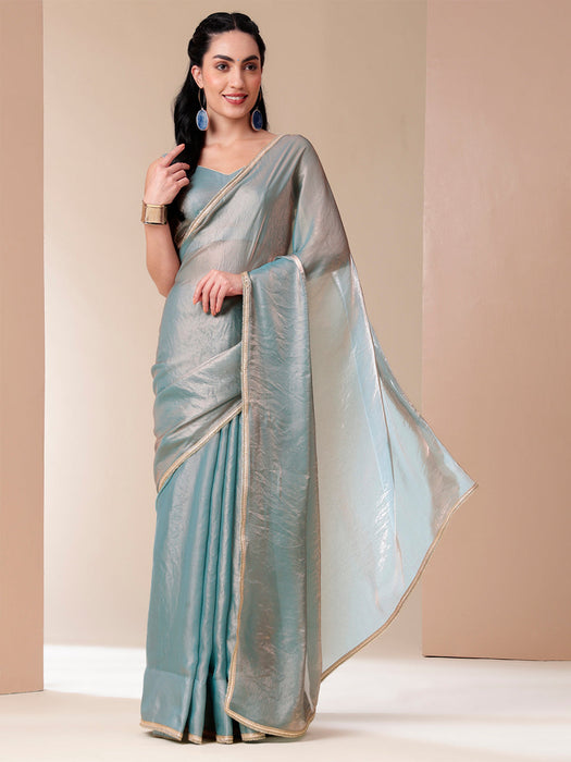 Metallic Charm Saree (Tissue Metallic Blue Saree with Lace Border)