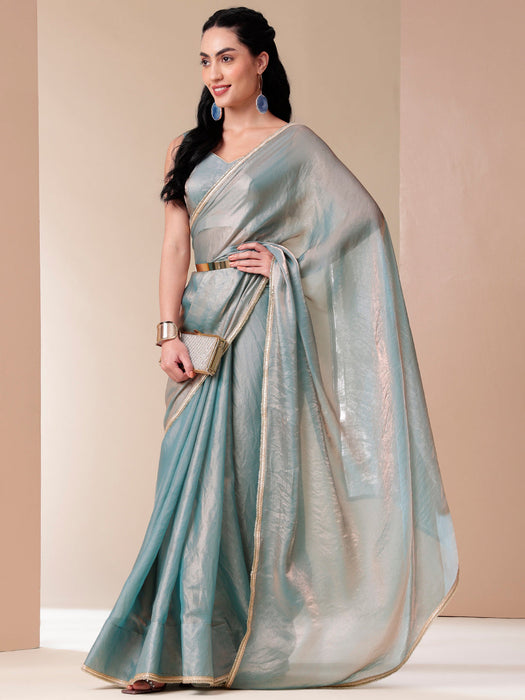 Metallic Charm Saree (Tissue Metallic Blue Saree with Lace Border)