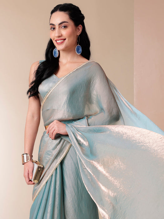 Metallic Charm Saree (Tissue Metallic Blue Saree with Lace Border)