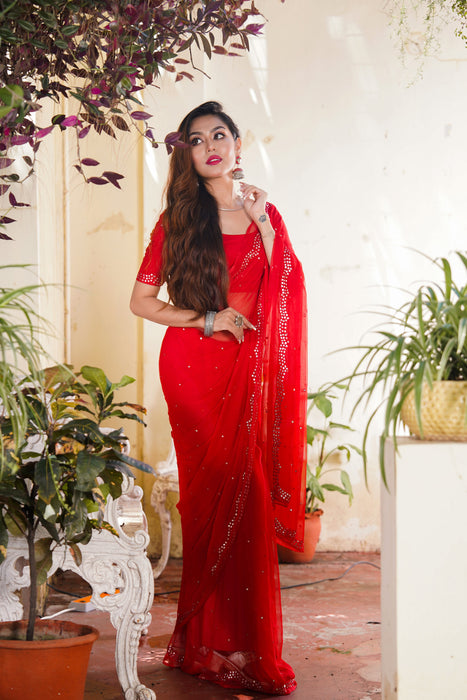 Cherry Blossom Charm (Chiffon Mirror work Red Saree)