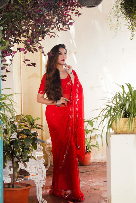 Cherry Blossom Charm (Chiffon Mirror work Red Saree)