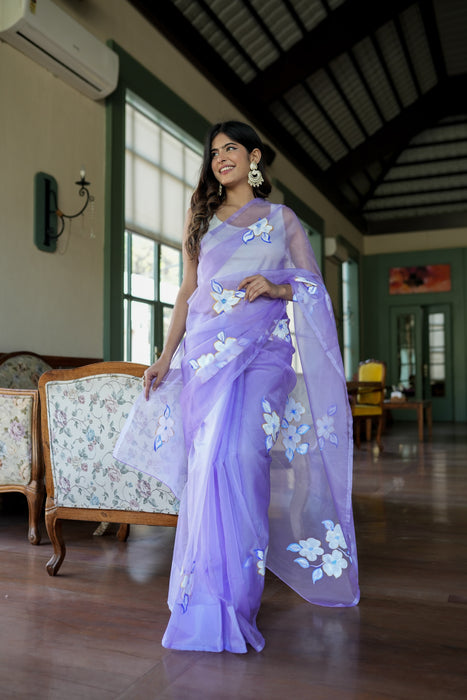 Enchanting Artistry (Handpainted Lavendar Organza Saree)