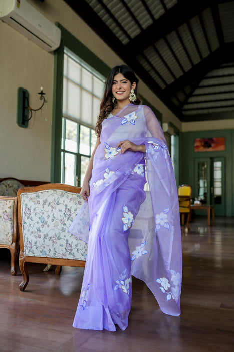 Enchanting Artistry (Handpainted Lavendar Organza Saree)