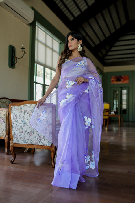 Enchanting Artistry (Handpainted Lavendar Organza Saree)