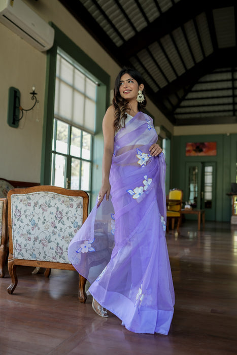 Enchanting Artistry (Handpainted Lavendar Organza Saree)