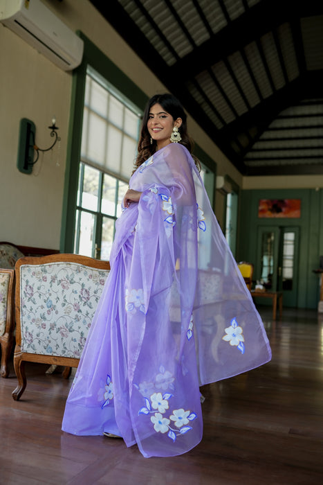 Enchanting Artistry (Handpainted Lavendar Organza Saree)