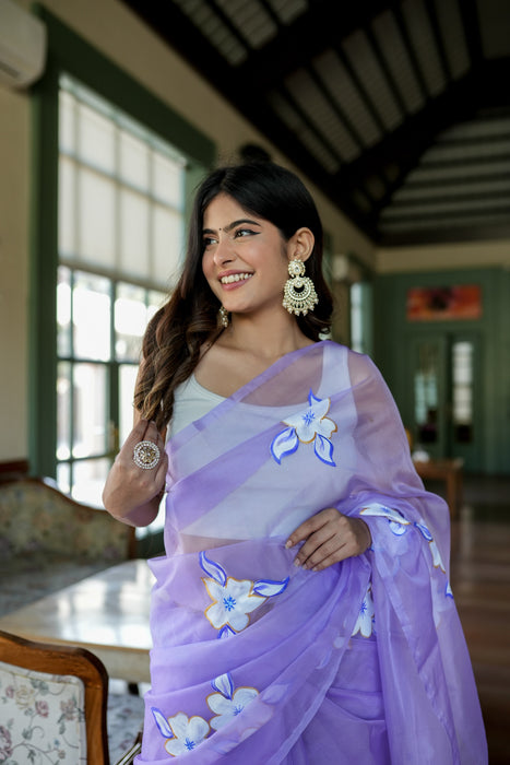 Enchanting Artistry (Handpainted Lavendar Organza Saree)