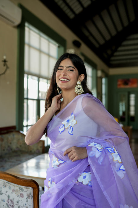 Enchanting Artistry (Handpainted Lavendar Organza Saree)