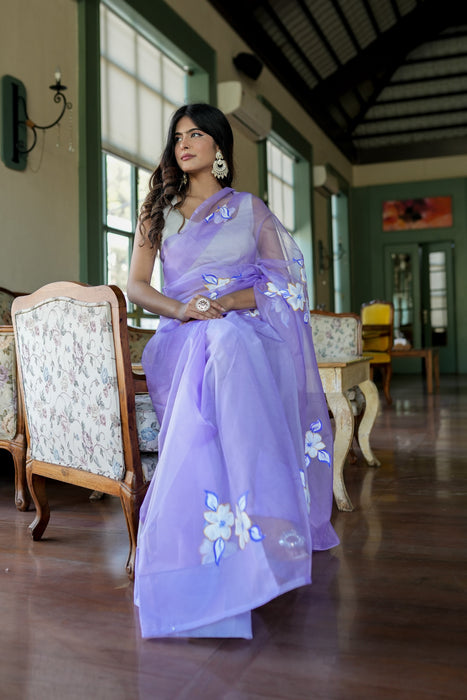 Enchanting Artistry (Handpainted Lavendar Organza Saree)