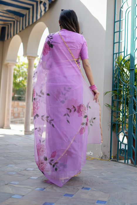 Lilac Mirage Artistry (Handpainted Lilac Organza Zari border saree)