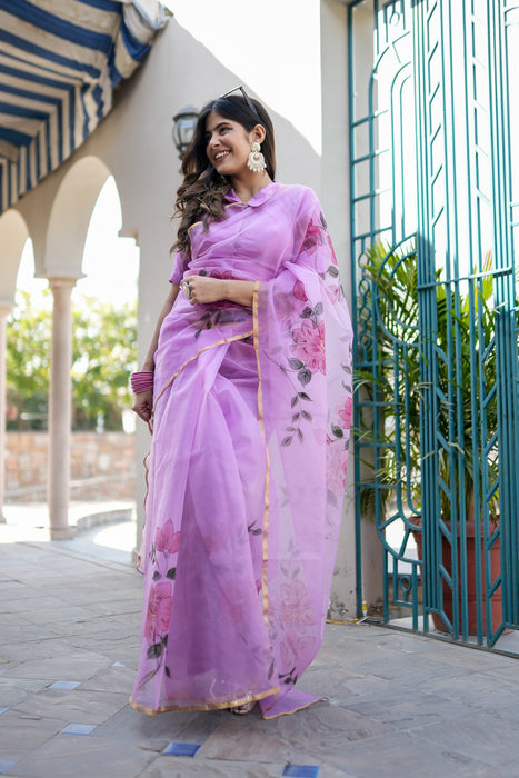 Lilac Mirage Artistry (Handpainted Lilac Organza Zari border saree)