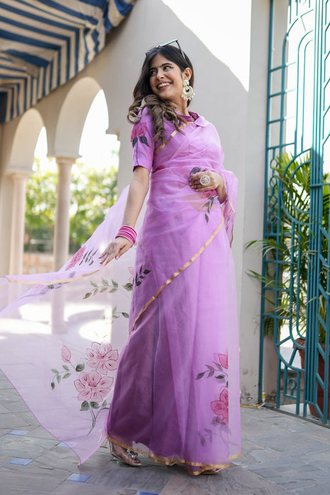 Lilac Mirage Artistry (Handpainted Lilac Organza Zari border saree)