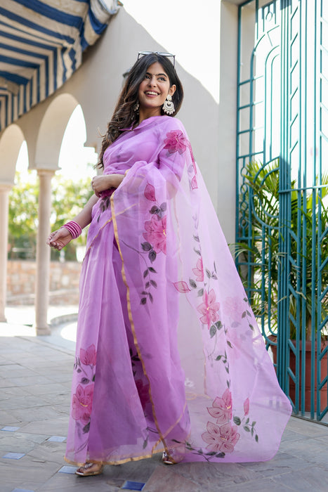 Lilac Mirage Artistry (Handpainted Lilac Organza Zari border saree)