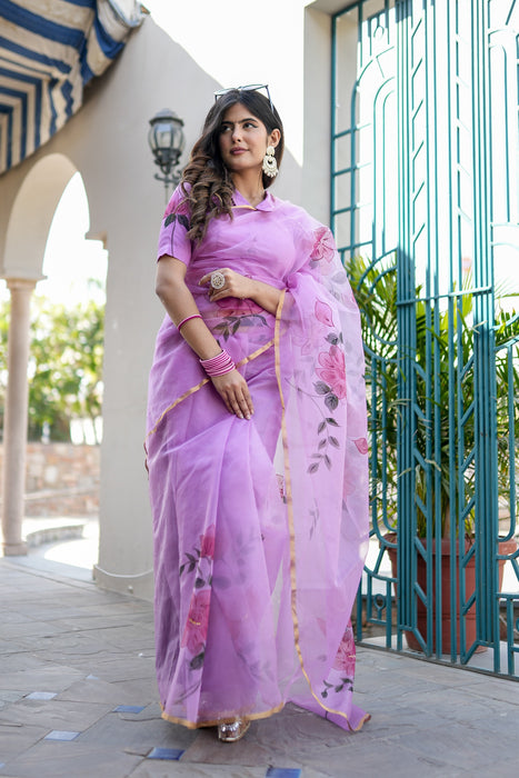 Lilac Mirage Artistry (Handpainted Lilac Organza Zari border saree)