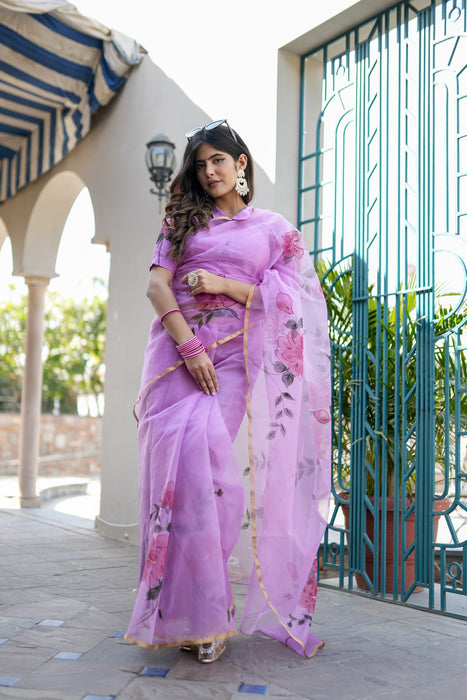 Lilac Mirage Artistry (Handpainted Lilac Organza Zari border saree)