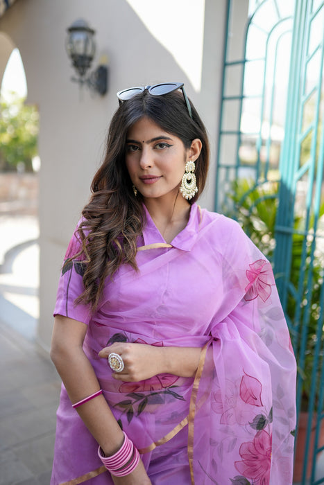 Lilac Mirage Artistry (Handpainted Lilac Organza Zari border saree)