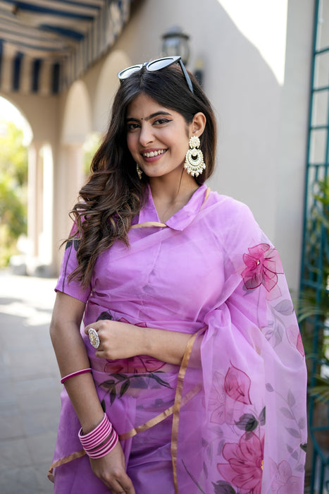 Lilac Mirage Artistry (Handpainted Lilac Organza Zari border saree)