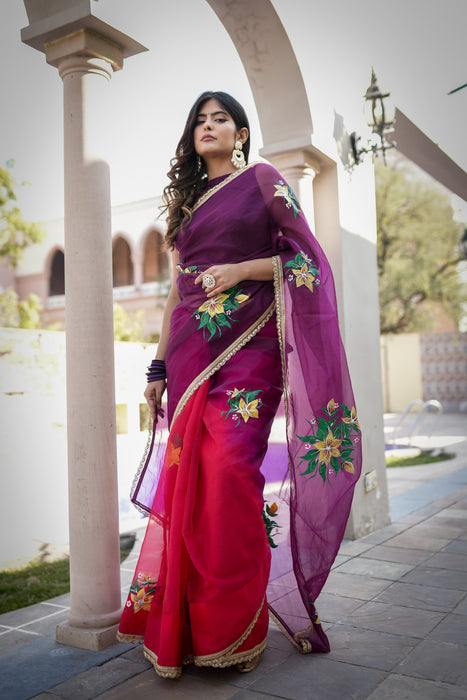 Radiant Charm (Handpainted Red and Purple Handwork Organza Saree)