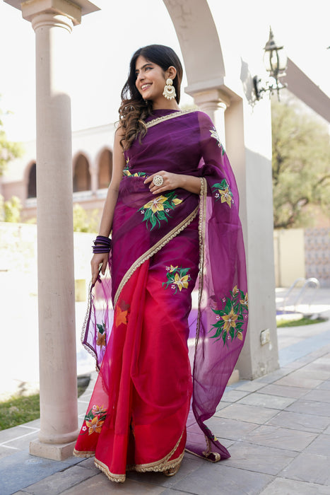 Radiant Charm (Handpainted Red and Purple Handwork Organza Saree)