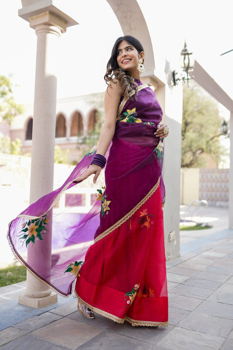 Radiant Charm (Handpainted Red and Purple Handwork Organza Saree)