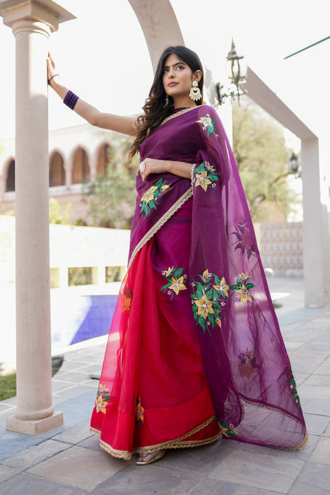 Radiant Charm (Handpainted Red and Purple Handwork Organza Saree)