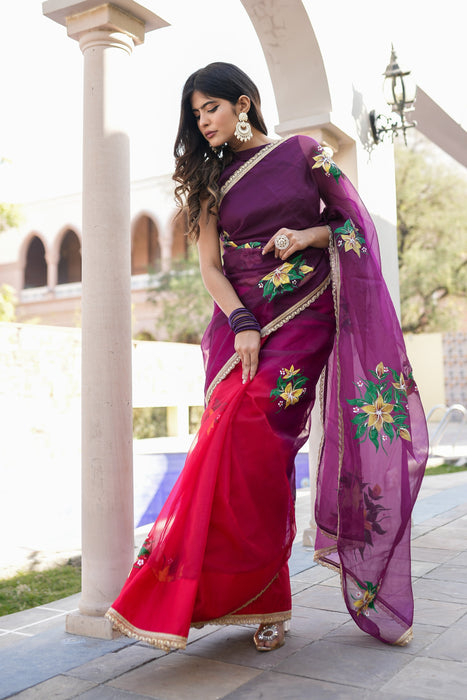 Radiant Charm (Handpainted Red and Purple Handwork Organza Saree)