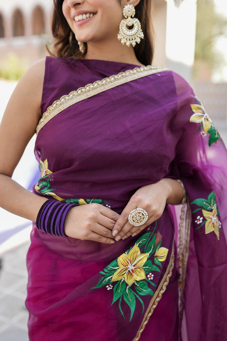 Radiant Charm (Handpainted Red and Purple Handwork Organza Saree)