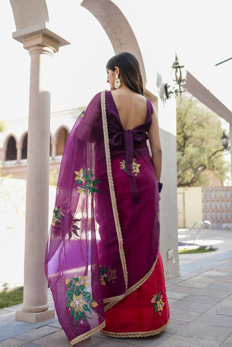 Radiant Charm (Handpainted Red and Purple Handwork Organza Saree)