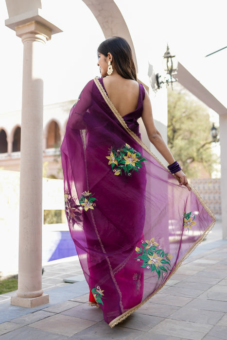 Radiant Charm (Handpainted Red and Purple Handwork Organza Saree)