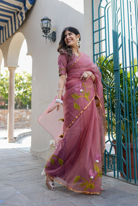 Mauve Vidalia (Handpainted Mauve Organza Zari border saree)