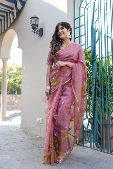 Mauve Vidalia (Handpainted Mauve Organza Zari border saree)