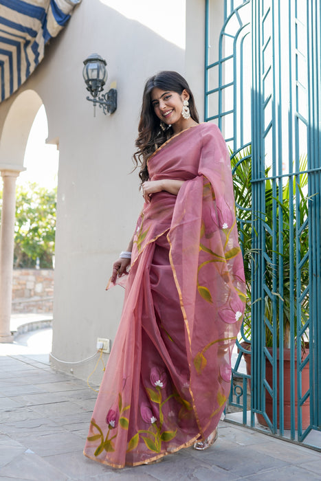 Mauve Vidalia (Handpainted Mauve Organza Zari border saree)