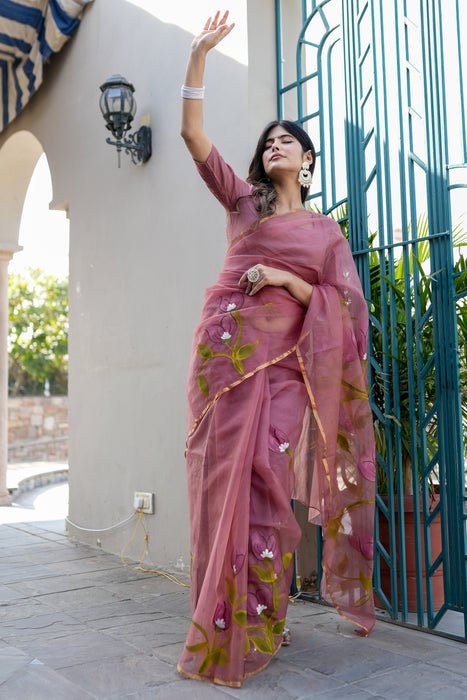 Mauve Vidalia (Handpainted Mauve Organza Zari border saree)