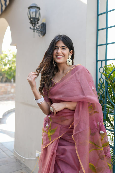 Mauve Vidalia (Handpainted Mauve Organza Zari border saree)