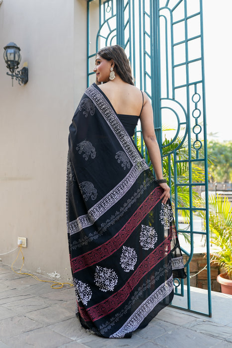 Black Cotton Handblock Saree