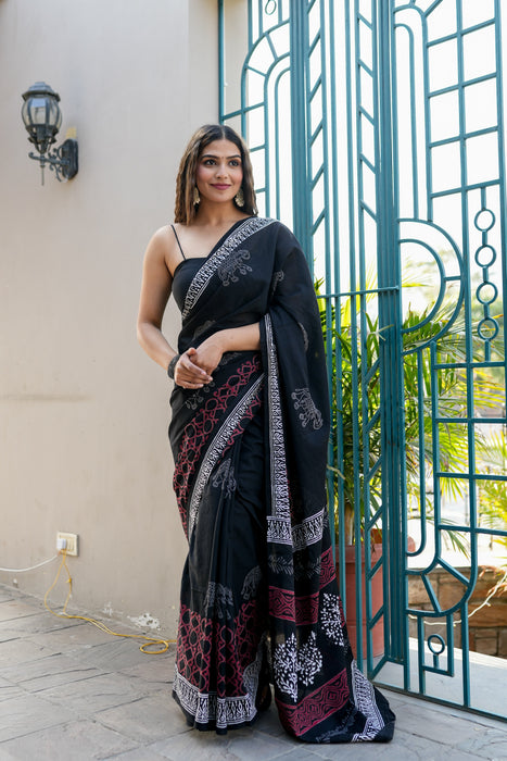 Black Cotton Handblock Saree