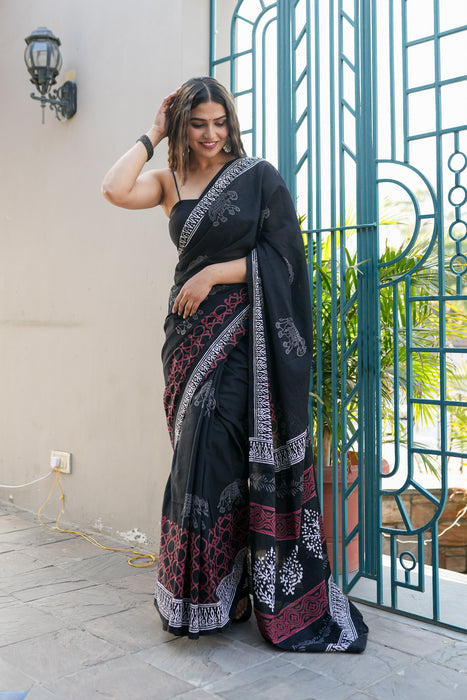 Black Cotton Handblock Saree