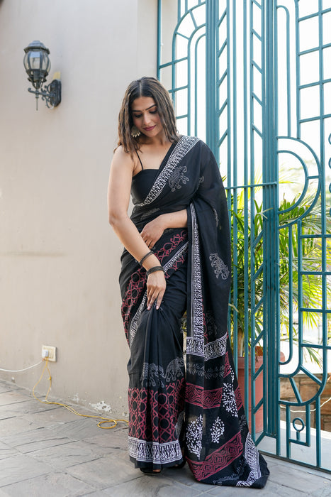 Black Cotton Handblock Saree