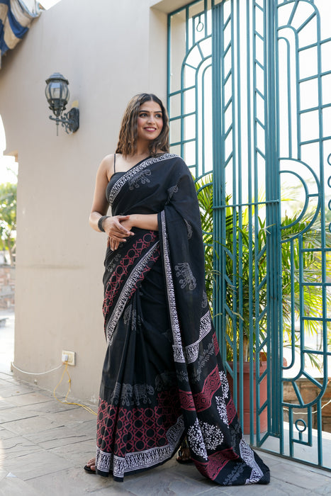 Black Cotton Handblock Saree